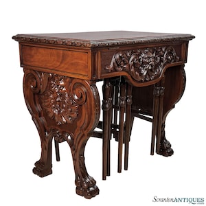 Antique Renaissance Revival Mahogany Northwind Library Table w/ 3 Nesting Cocktail Tables