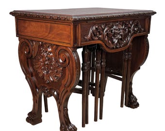 Antique Renaissance Revival Mahogany Northwind Library Table w/ 3 Nesting Cocktail Tables