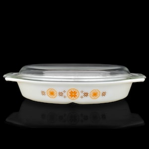 Mid-Century Pyrex Town & Country Orange Floral Motif Casserole Dish w/ Lid