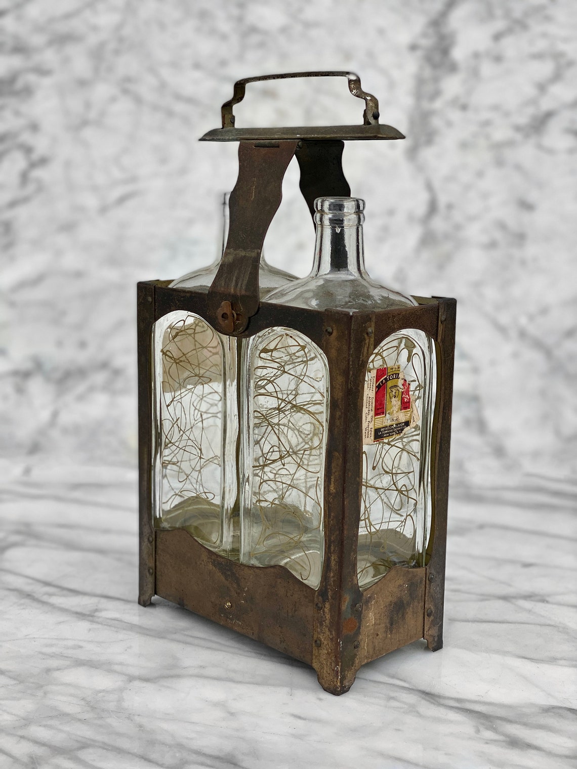 Vintage Double Glass Music Box Brass Carrying Liquor Decanter Etsy