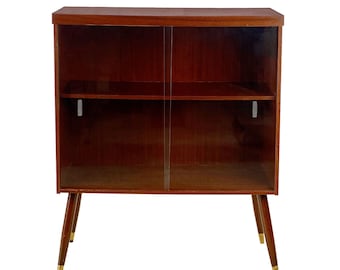 Mid-Century Atomic Red Mahogany Sliding Glass Door Bookcase Cabinet