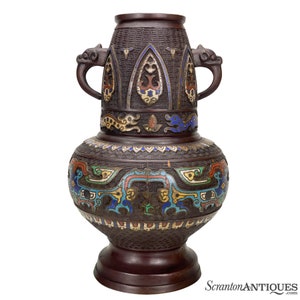 Antique Japanese Bronze Monumental Champleve Enamel Urn Vase