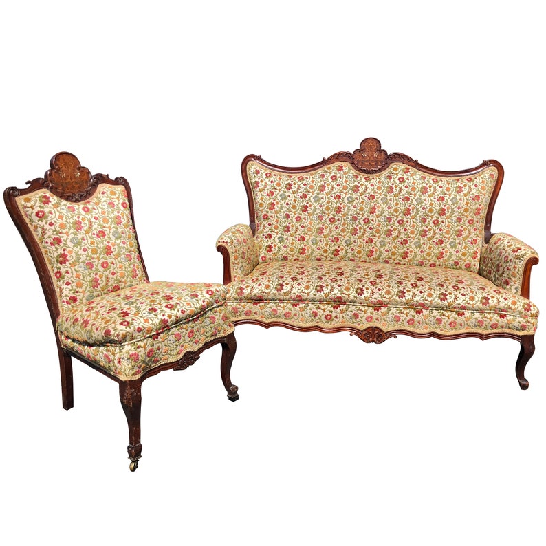 Antique French Victorian Carved Parlor Settee Chair Set Etsy