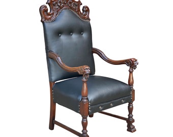 Antique Victorian Carved Mahogany Northwind Face Tuft Tall Back Club Chair