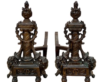 Antique Rococo French Torch Bronze Fireplace Andirons - A Pair