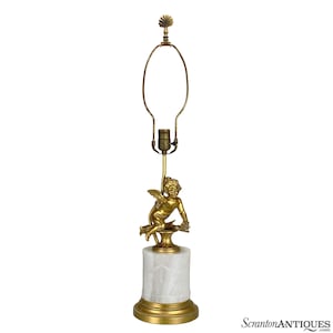 Vintage Italian Rococo Gold Gilded Cherub Onyx Table Lamp