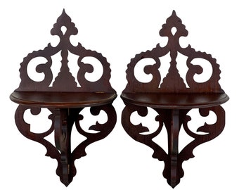 Antique Eastlake Victorian Mahogany Fretwork Carved Wall Hanging Shelf's - A Pair