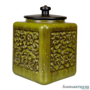 Mid-Century Abstract Avocado Green Art Pottery Lidded Cookie Jar