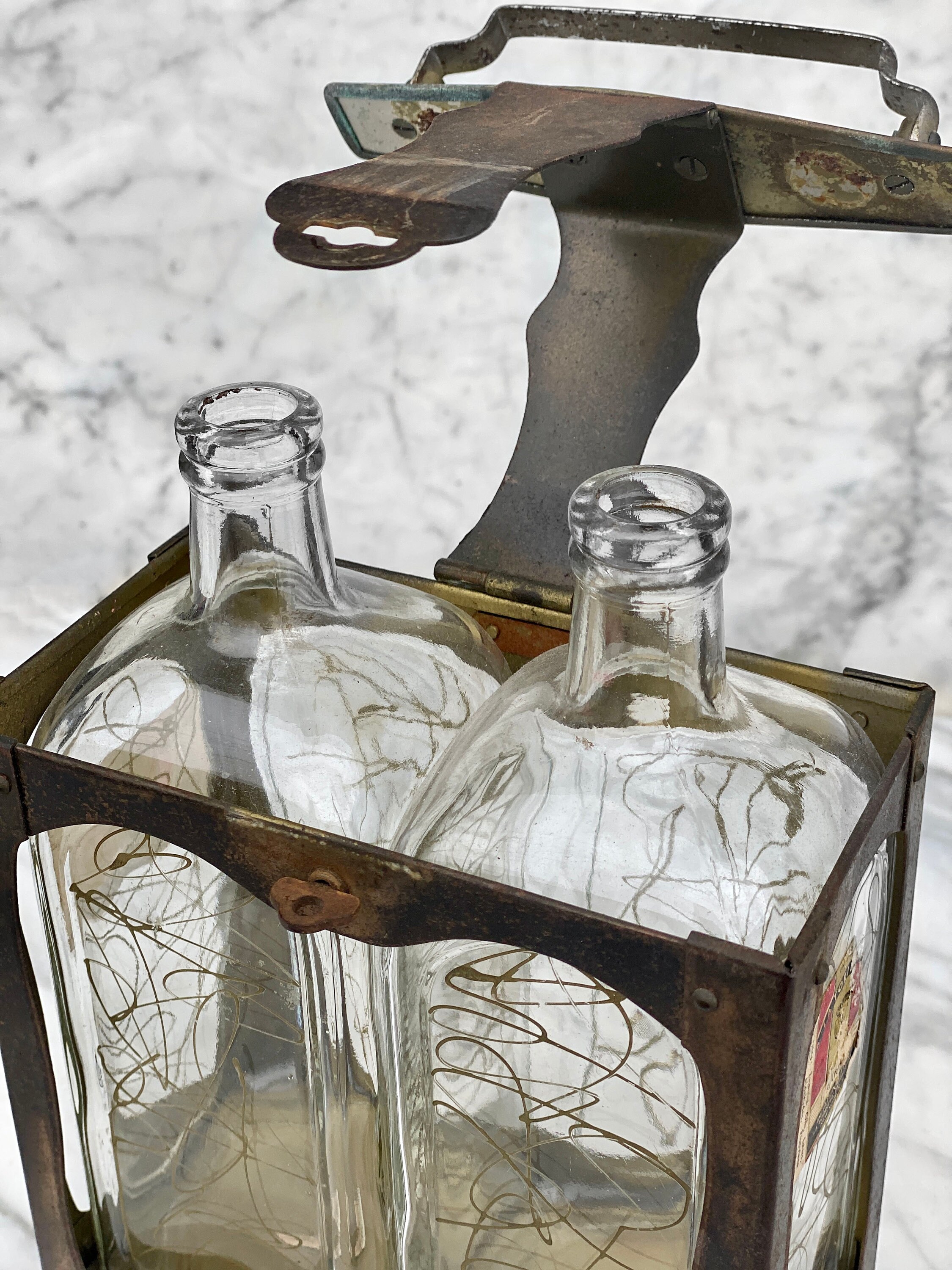 Vintage Double Glass Music Box Brass Carrying Liquor Decanter Etsy