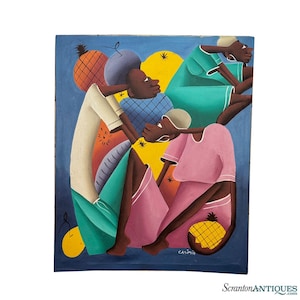 Vintage Haitian Abstract Figural Oil on Canvas Painting by Laurent Casimir