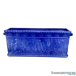 Vintage Farmhouse Country Cobalt Blue Porcelain Amish Motif Window Box Planter