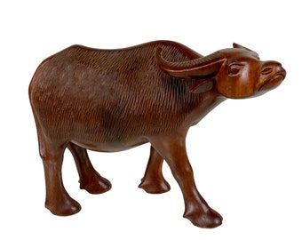 Vintage Traditional Mahogany Asian Water Buffalo Ox Figural Carved Sculpture