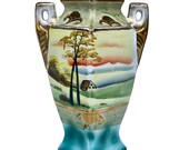 Vintage Japanese Porcelain Imari Landscape Motif Handle Vase by Miyako Japan