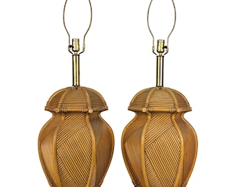 Vintage Coastal Chinoiserie Faux Rattan Pagoda Table Lamps - A Pair