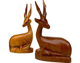 Mid-Century African Impala Gazelle Mahogany Carved Sculpture - A Pair