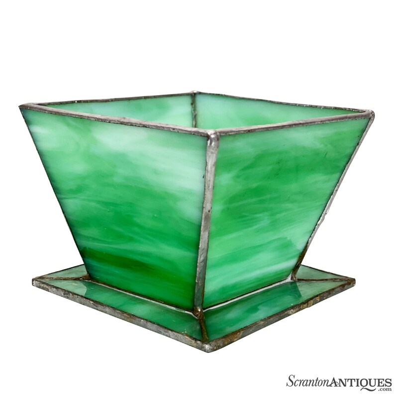Antique Arts & Crafts Green Slag Glass Table Top Planter shops