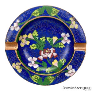 Vintage Chinese Cloisonne Brass Enamel Floral Motif Ashtray