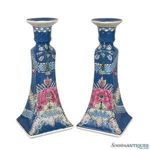 Vintage Chinese Chinoiserie Blue Floral Porcelain Candlestick Holders - A Pair
