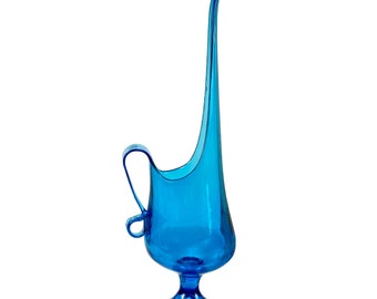 Mid-Century Swung Blue Art Glass Stretch Pitcher by L.E Smith