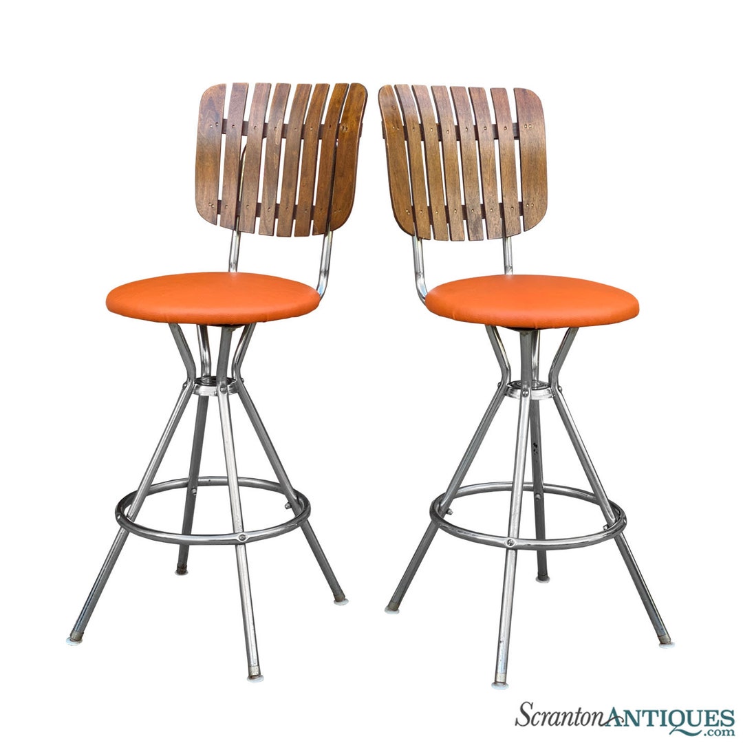 Midcentury Atomic Slatted Walnut Bar Stools by Comfort Line Etsy