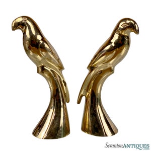 Vintage Coastal Regency Brass Parrot Bird Sculpture - A Pair