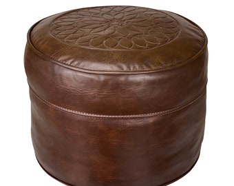 Mid-Century Round Brown Mandala Hassock Ottoman