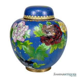 Vintage Chinese Cloisonne Brass & Enamel Floral Ginger Jar Urn