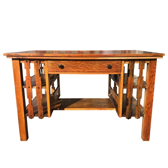 Antique Arts Crafts Quartersawn Oak Partners Library Desk W Etsy