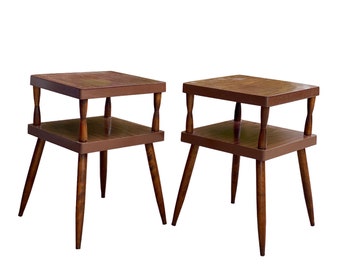 Mid-Century Atomic Walnut Sculptural Tiered End Tables - A Pair