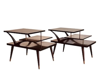 Mid-Century Mahogany Sunburst Bentwood 3-Tier End Tables - A Pair