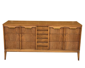 Mid-Century Modern Walnut Sculpted Long Credenza Dresser by Basic Witz