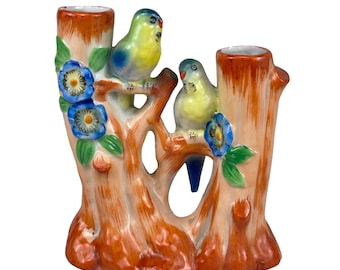 Vintage Art Deco Ceramic Parakeet Bird Double Stem Bud Vase