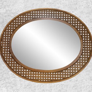 Vintage Boho Faux Canned Wicker Oval Wall Hanging Mirror 2x2 image 2