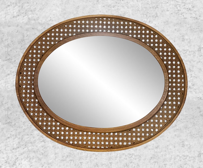 Vintage Boho Faux Canned Wicker Oval Wall Hanging Mirror 2x2 image 2