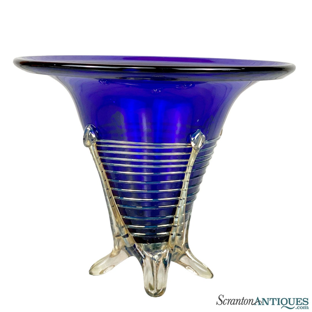 Vintage Abstract Blue Spiral Art Glass Footed Vase by John Cook Etsy