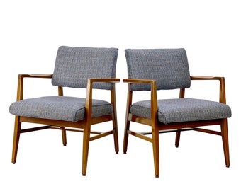 Mid-Century Modern Walnut Sculptural Blue Upholstered Arm Chairs - A Pair