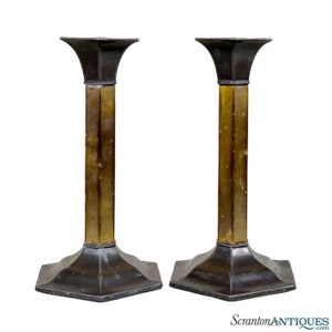 Antique Traditional Empire Silver Plate & Brass Candlestick Holders - A Pair