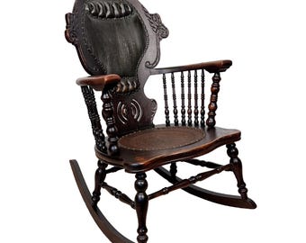 Antique Victorian Carved Oak & Leather Tufted Rocking Chair