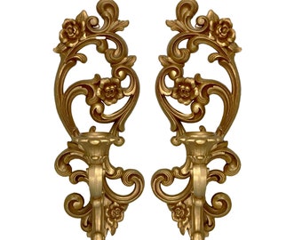 Vintage Hollywood Regency Gold Gilded Candlestick Wall Sconces - A Pair