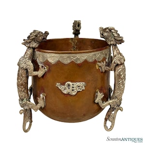 Antique Tibetan Copper Dragon Motif Planter Pot Cencer