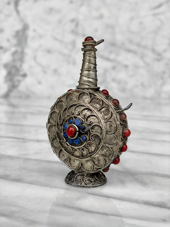 Antique Tibetan Silver Plated Inlaid Gem Snuff Bottle - Etsy