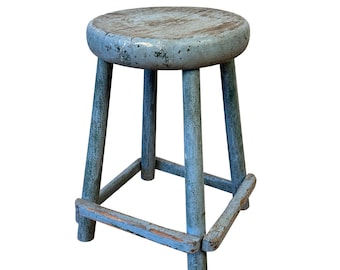 Antique Primitive Farmhouse Blue Wood Round Milking Stool