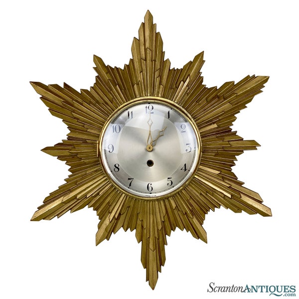 Mid-Century Modern Gold Sunburst Wall Hanging Clock