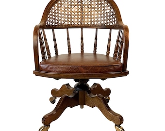 Vintage Traditional Mahogany & Cane Bankers Swivel Desk Chair