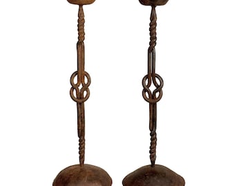 Antique Arts & Crafts Wrought Iron Forged Mantle Candlestick Holders - A Pair