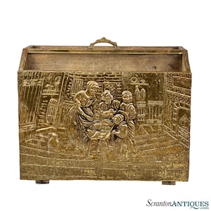 Vintage Traditional English Brass Repousse Magazine Rack Record Stand Caddy