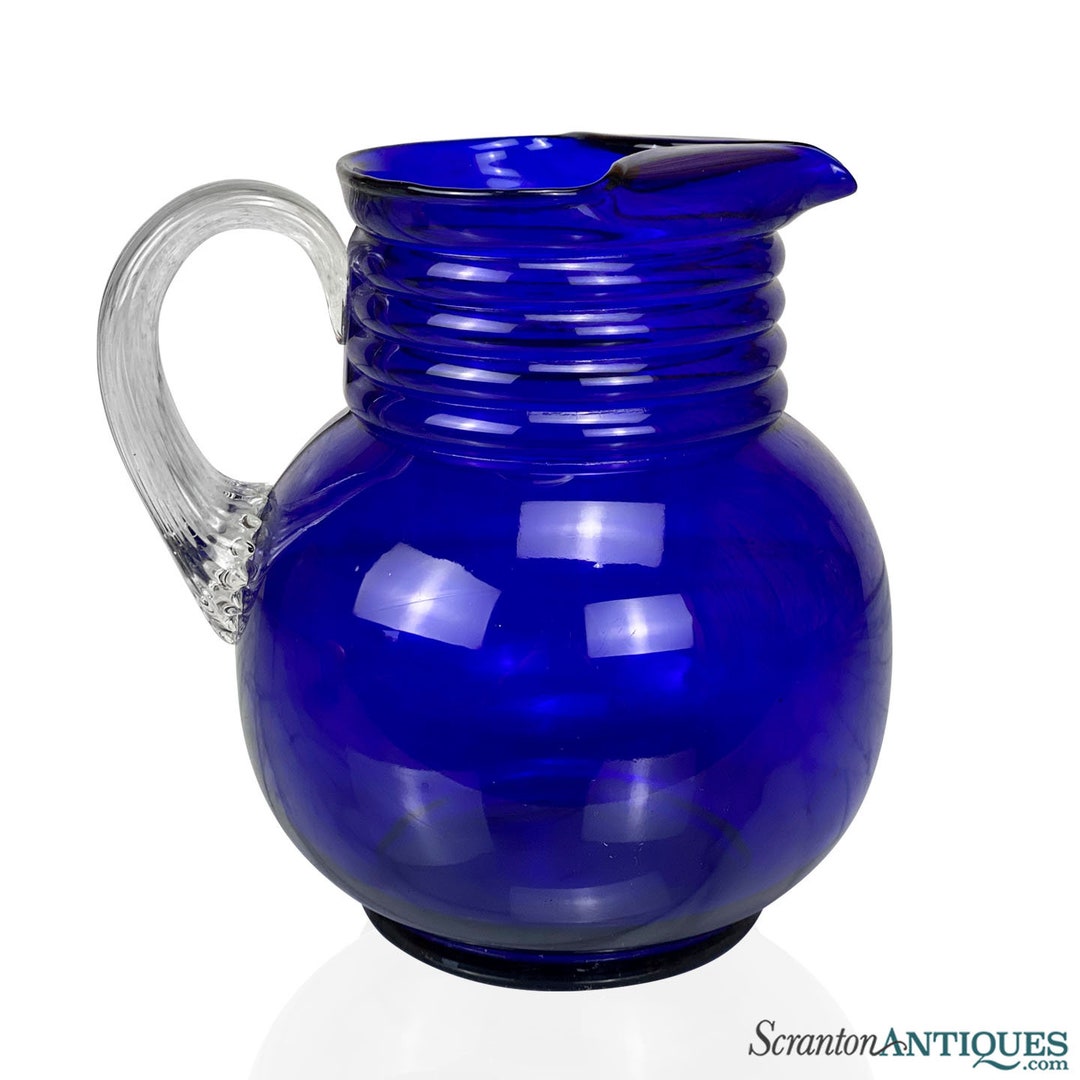 Mid-century Blue Art Glass Round Ewer Pitcher - Etsy