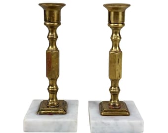 Vintage Traditional Brass & Marble Turned Candlestick Holders - A Pair