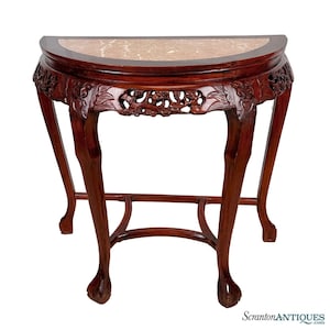 Vintage Chinese Marble Hardwood Carved Demilune Half Moon Console Table