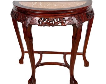 Vintage Chinese Marble Hardwood Carved Demilune Half Moon Console Table